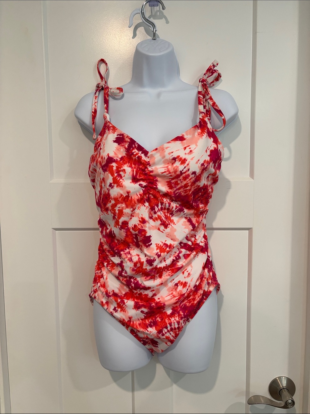 Time and Tru Red and White Tie-Dye One-Piece Swimsuit with Tie Straps